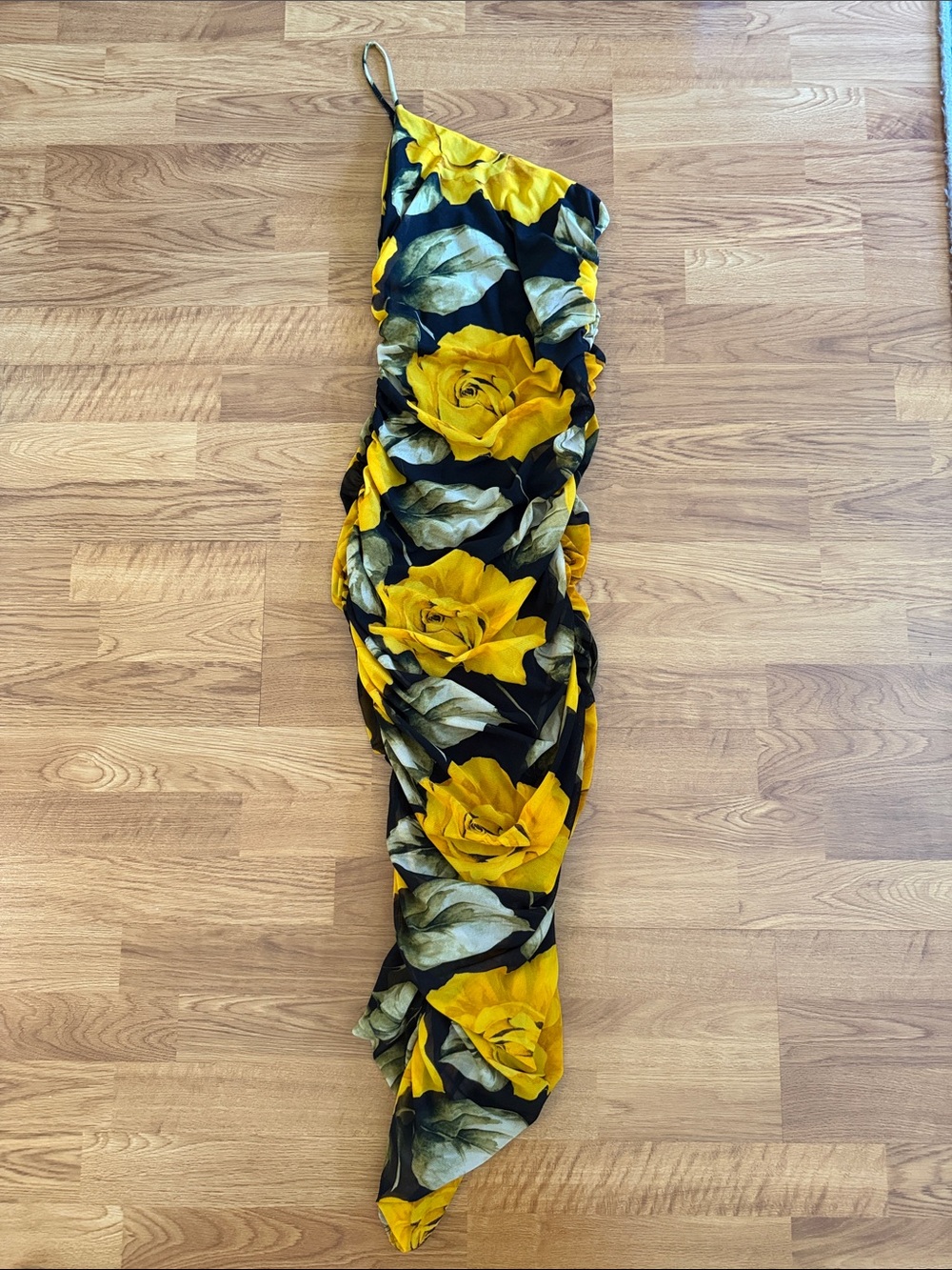 Fashion Nova One-Shoulder Floral Dress in Yellow and Black